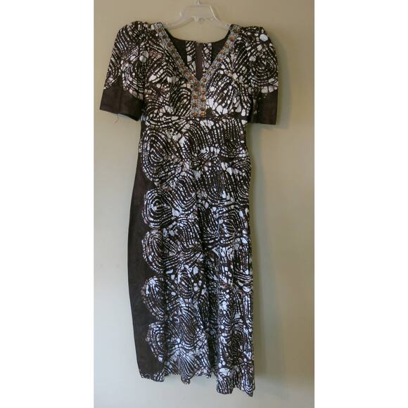 AFRICAN Handmade Ankara Dress Kaftan Long/Maxi Brown White Gems with Head Wrap - Picture 1 of 11